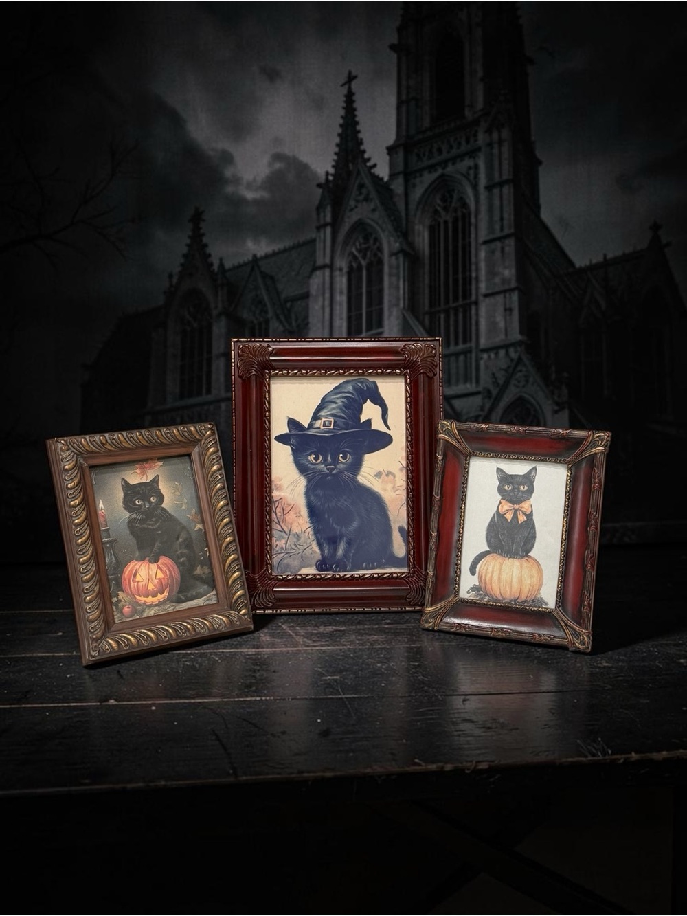 3 Vintage Black Cat Halloween Picture Frames